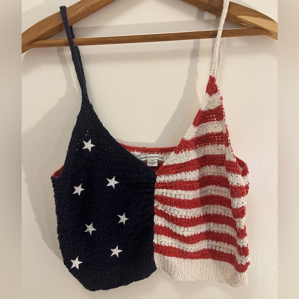 American Eagle Outfitters Patriotic Red White and Navy Crocheted Tank Top